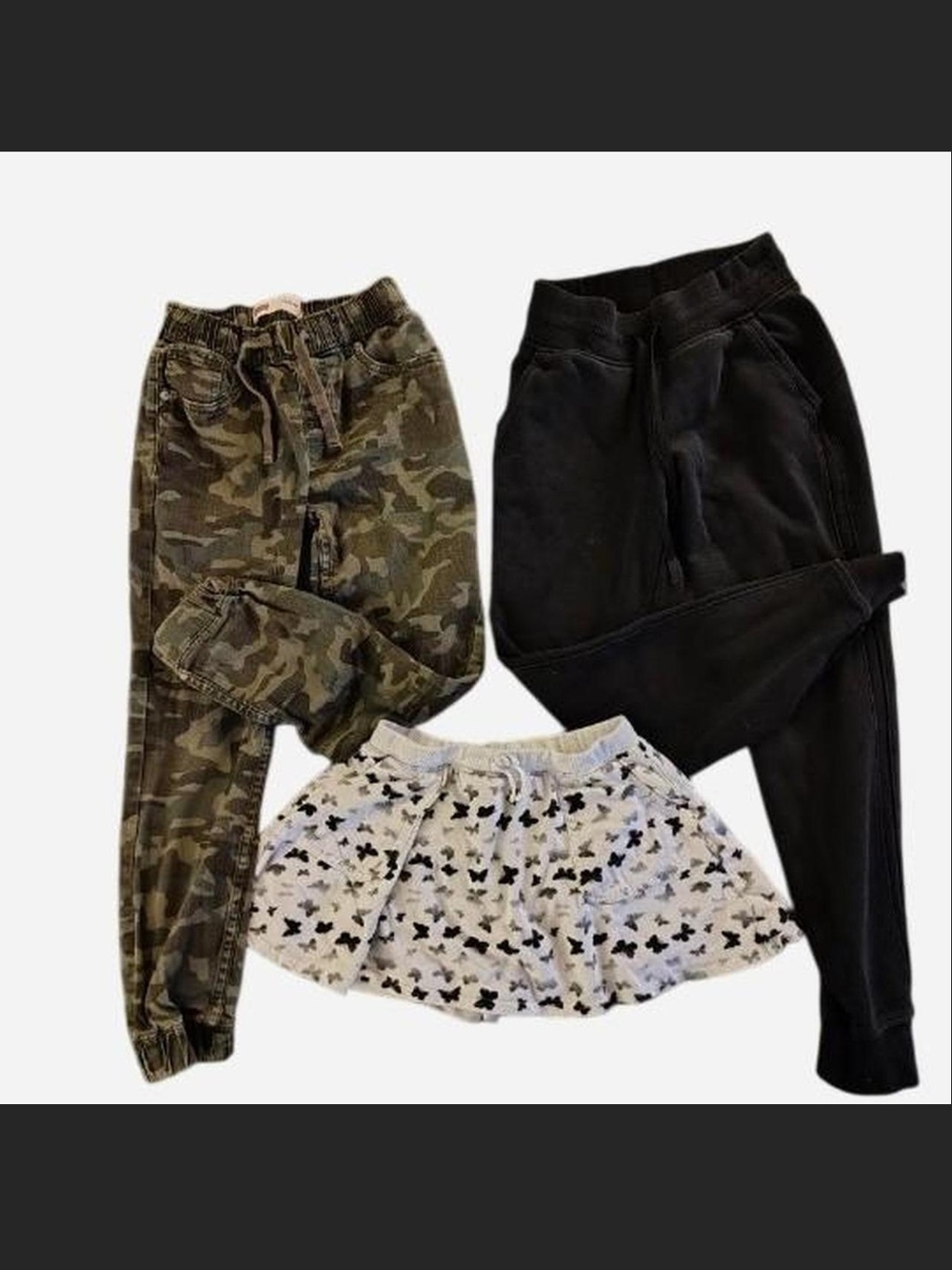 BearPaw Kids Camouflage Cargo Joggers, Black Sweatpants & Cream Butterfly Skirt